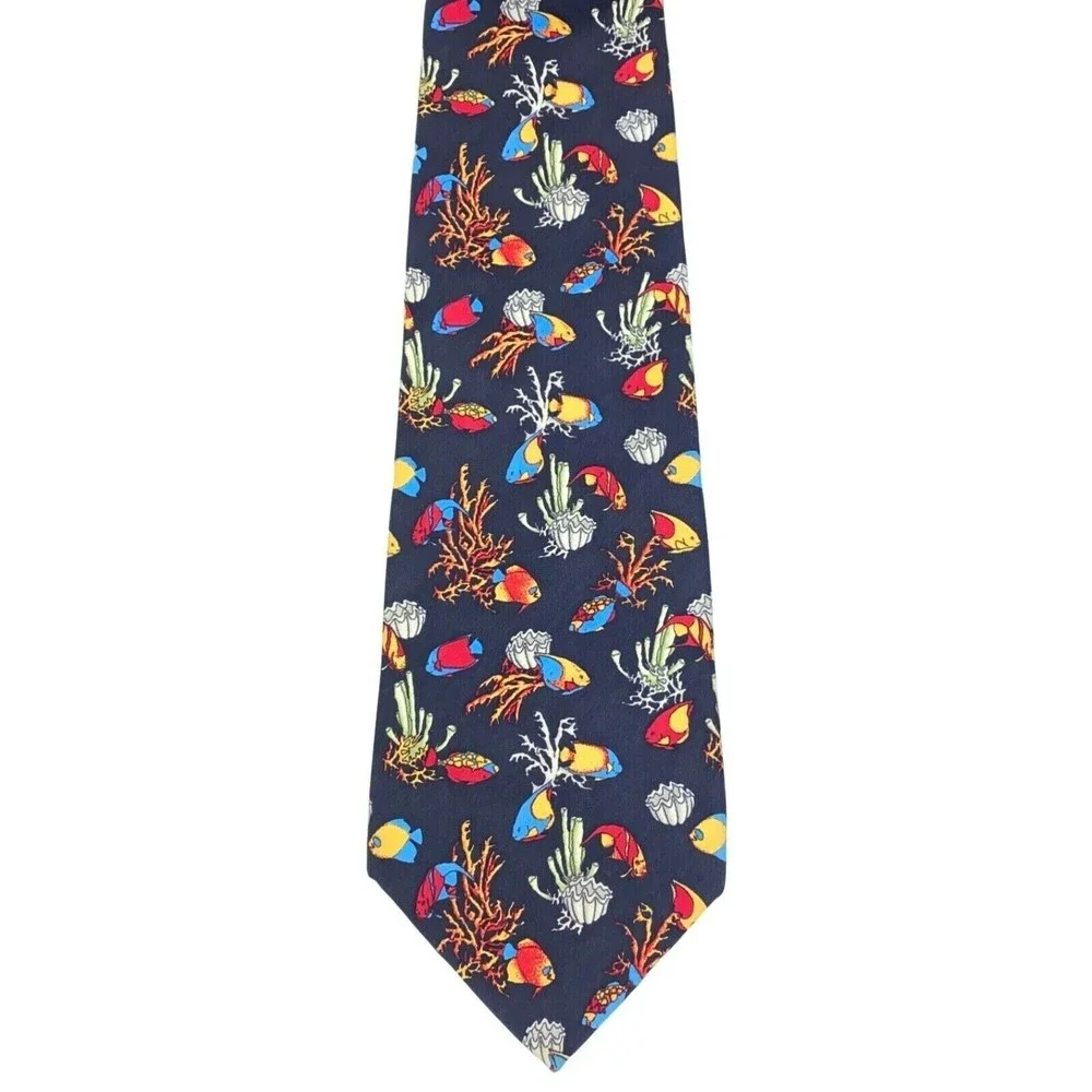 BEAUFORT Tie Rack Black Multicolor Fish Animal 100% Silk Necktie Made in Italy